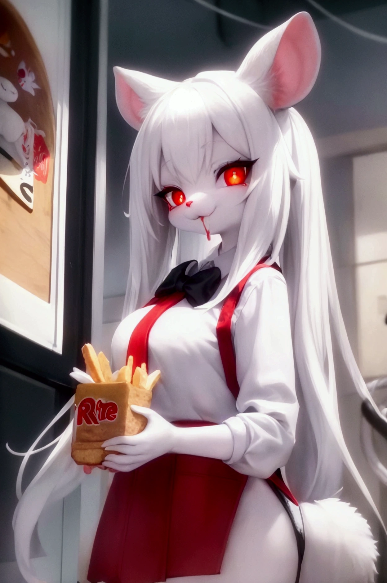 Mouse girl, white fur, Red eyes, black pupils, thin rat whiskers, red and blue Farm clothes, mid hair, Opening a fridge and eating a sandwich with fries, Cheese logo on clothes, rat tail, Mouse ear, Large front teeth, Anthropomorphic Furry