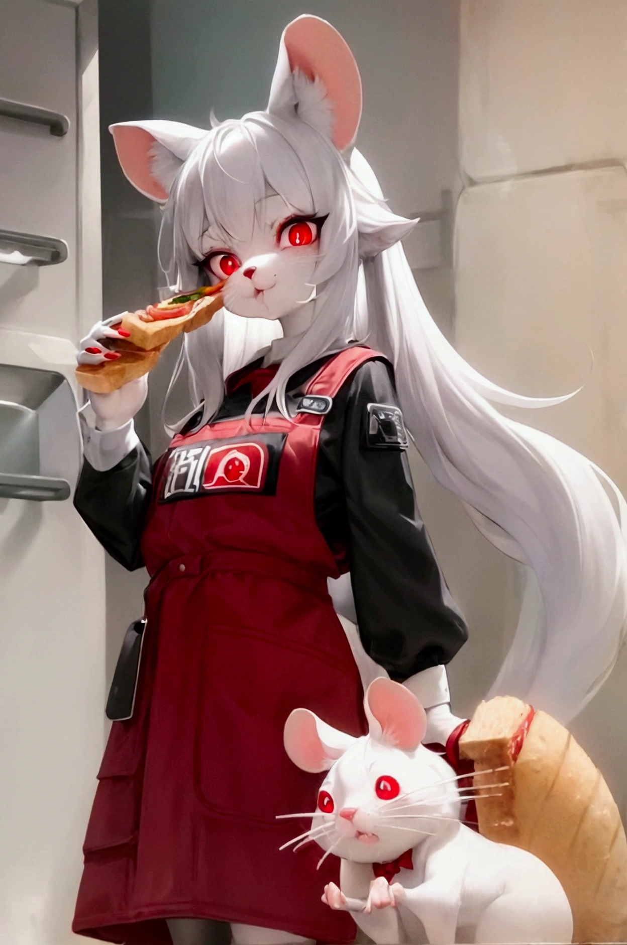 Mouse girl, white fur, Red eyes, black pupils, thin rat whiskers, red and blue Farm clothes, mid hair, Opening a fridge and eating a sandwich with fries, Cheese logo on clothes, rat tail, Mouse ear, Large front teeth, Anthropomorphic Furry