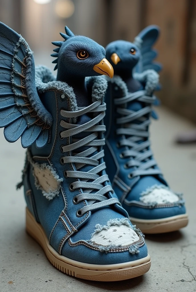 Create a shoe with ripped jean fabric on each shoe that has two wings made from real life jean fabric