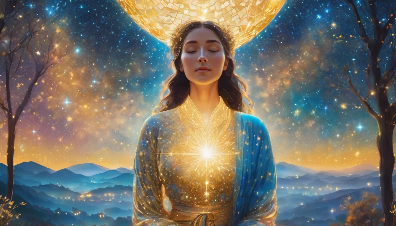 Person from the waist up, close-up, starry night scenery, garden in the background, golden and sky blue tones, glowing aura, pastel colors, spiritual, meditative, divine, sacred, inner peace, cosmic connection, photo, illustration, 3d render