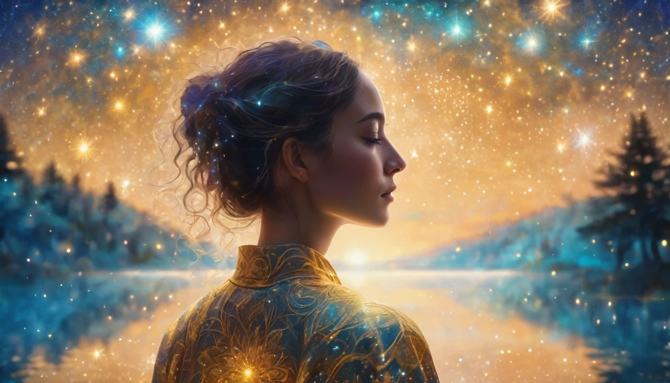 Person from the waist up, close-up, starry night scenery, garden in the background, golden and sky blue tones, glowing aura, pastel colors, spiritual, meditative, divine, sacred, inner peace, cosmic connection, photo, illustration, 3d render