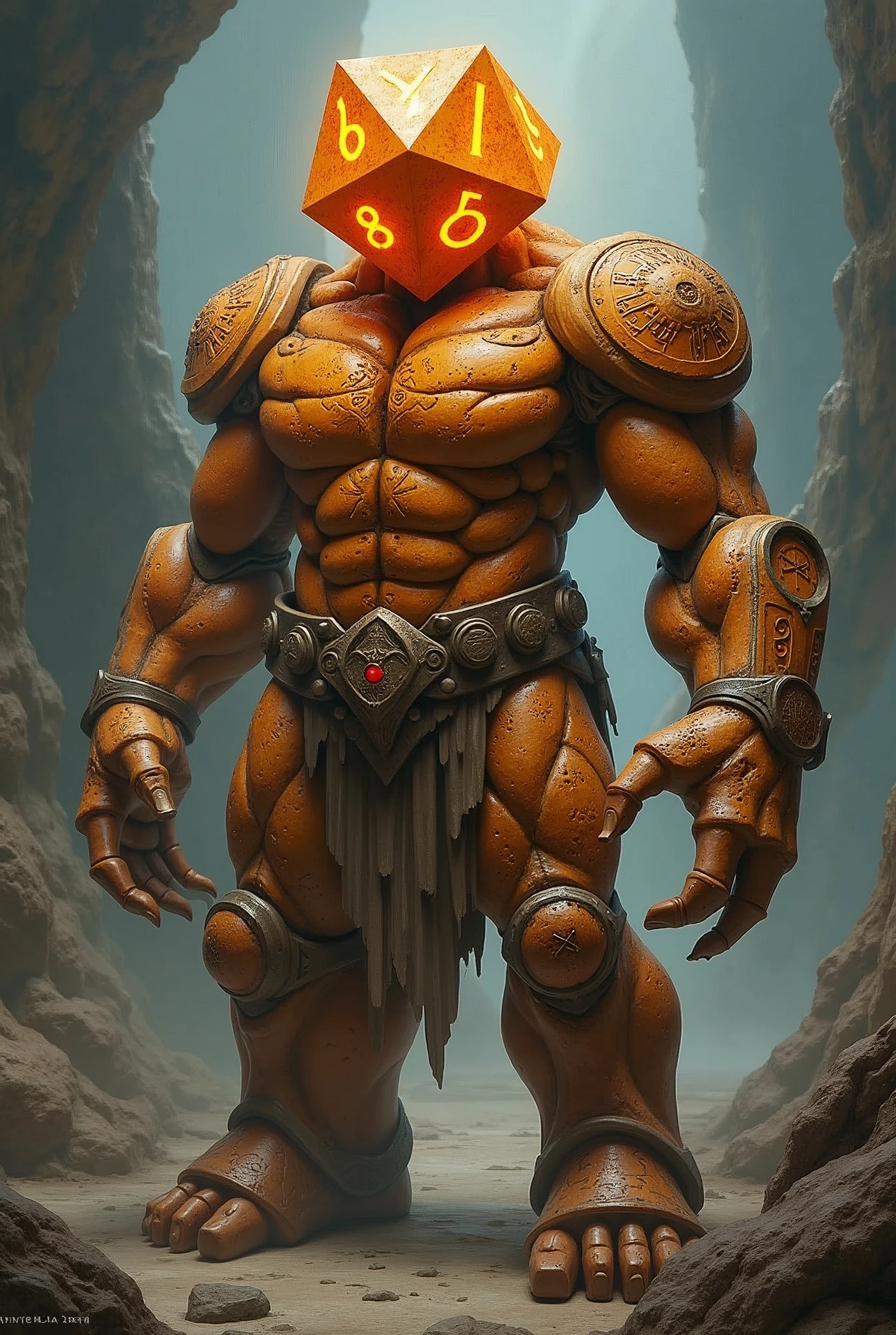 Golem, 20 sided dice head, orange, feito de pedra, magical, simbolos magicals, Number 1