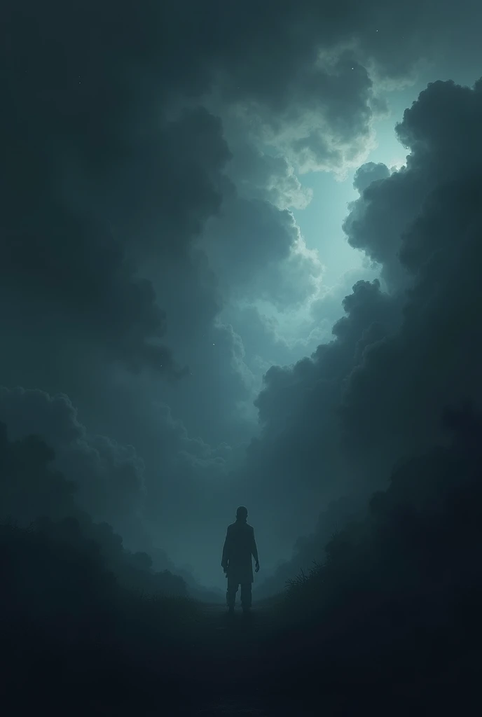 Create an album cover with a dark, emotional atmosphere for the song 'ALMA QUEBRADA.' The image should consist solely of a dramatic sky filled with heavy, dark clouds that dominate the scene. There should be a few faint, bluish beams of light struggling to pierce through the dense, almost tangible cloud layers, symbolizing a fragile hope amidst despair. The sky should appear overwhelming, with the clouds almost swallowing the light, creating a sense of oppression and sadness. The color palette should focus on deep grays, blacks, and dark blues to emphasize the melancholic and depressive tone of the music. 