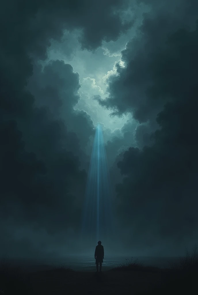 Create an album cover with a dark, emotional atmosphere for the song 'ALMA QUEBRADA.' The image should consist solely of a dramatic sky filled with heavy, dark clouds that dominate the scene. There should be a few faint, bluish beams of light struggling to pierce through the dense, almost tangible cloud layers, symbolizing a fragile hope amidst despair. The sky should appear overwhelming, with the clouds almost swallowing the light, creating a sense of oppression and sadness. The color palette should focus on deep grays, blacks, and dark blues to emphasize the melancholic and depressive tone of the music.