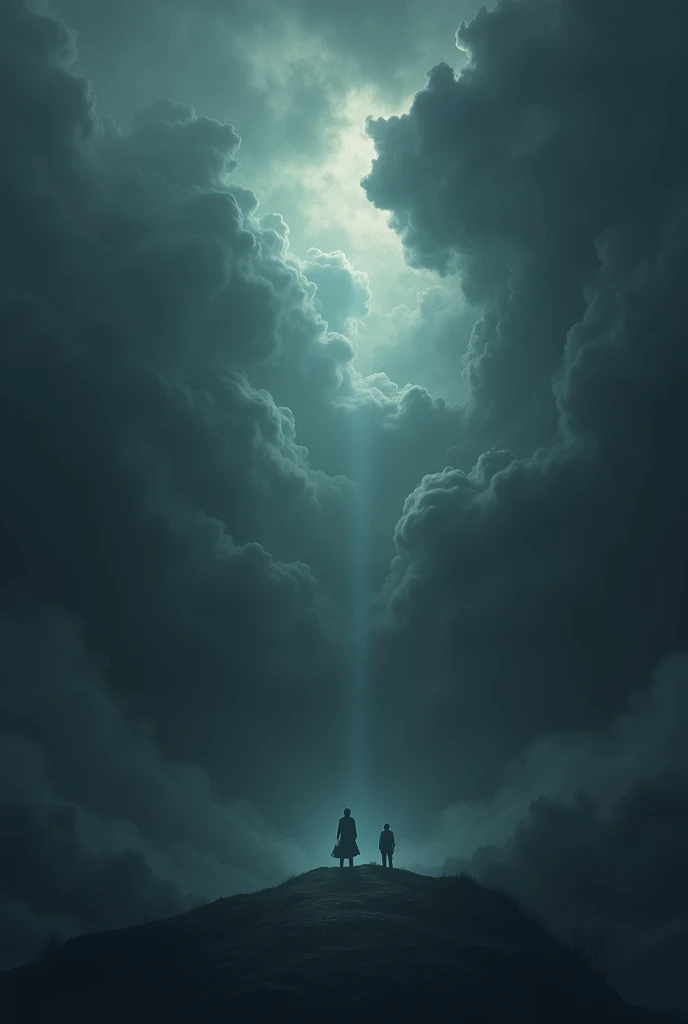 Create an album cover with a dark, emotional atmosphere for the song 'ALMA QUEBRADA.' The image should consist solely of a dramatic sky filled with heavy, dark clouds that dominate the scene. There should be a few faint, bluish beams of light struggling to pierce through the dense, almost tangible cloud layers, symbolizing a fragile hope amidst despair. The sky should appear overwhelming, with the clouds almost swallowing the light, creating a sense of oppression and sadness. The color palette should focus on deep grays, blacks, and dark blues to emphasize the melancholic and depressive tone of the music. 