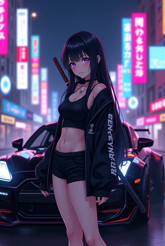 Digital artwork in an anime style, featuring a night-time urban setting with neon lights. The layout is dynamic, with a young woman as the central subject. She has long black hair, pale skin, and striking purple eyes. She is dressed in a black crop top, black shorts, and a black jacket with white text on the sleeve. She holds a katana over her shoulder. Behind her is a sleek, black sports car with a visible 'GT-R artvision1999' logo on the front. The background is filled with brightly lit billboards and signs, predominantly in shades of pink and blue, creating a vibrant, cyberpunk atmosphere.anatomically correct, super detailed, high quality, 4K