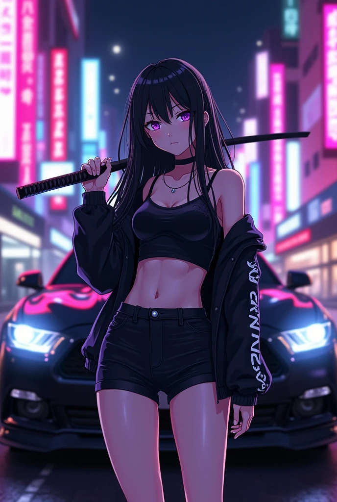 Digital artwork in an anime style, featuring a night-time urban setting with neon lights. The layout is dynamic, with a young woman as the central subject. She has long black hair, pale skin, and striking purple eyes. She is dressed in a black crop top, black shorts, and a black jacket with white text on the sleeve. She holds a katana over her shoulder. Behind her is a sleek, black sports car with a visible 'GT-R artvision1999' logo on the front. The background is filled with brightly lit billboards and signs, predominantly in shades of pink and blue, creating a vibrant, cyberpunk atmosphere.anatomically correct, super detailed, high quality, 4K
