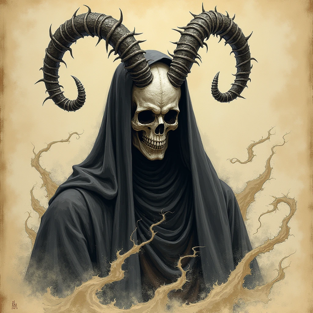 A sinister supernatural entity depicted in the style of a detailed bestiary illustration, ths entity is the manifestation of the hate sand-like aura that swirls menacingly, Twisted horns curl from its forehead, no face, head animal skull and Eye sockets without eyes, only a sinister glow.. The entity is cloaked in dark, ethereal robes that blend seamlessly with the shadows. Its overall appearance is otherworldly and unsettling, with an aura of dark mysticism. The illustration should emphasize its arcane and malevolent nature, showcasing the creature with intricate details typical of bestiary art, capturing its ancient and fearsome presence. Bestiary simple sketch, antique art, in bestiary book