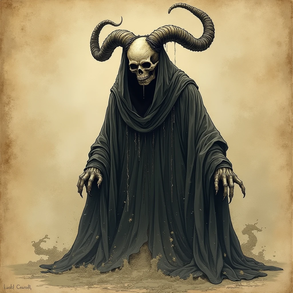 A sinister supernatural entity depicted in the style of a detailed bestiary illustration, ths entity is the manifestation of the hate sand-like aura that swirls menacingly, Twisted horns curl from its forehead, no face, head animal skull and Eye sockets without eyes, only a sinister glow.. The entity is cloaked in dark, ethereal robes that blend seamlessly with the shadows. Its overall appearance is otherworldly and unsettling, with an aura of dark mysticism. The illustration should emphasize its arcane and malevolent nature, showcasing the creature with intricate details typical of bestiary art, capturing its ancient and fearsome presence. Bestiary simple sketch, antique art, in bestiary book
