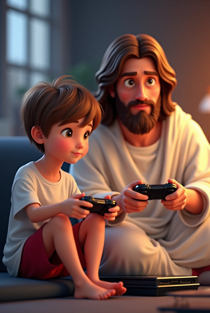  8 years old, short light brown hair, brown eyes with white shirt and red shorts. Sitting next to Jesus Christ and both playing PlayStation,  Disney cartoon style animation 