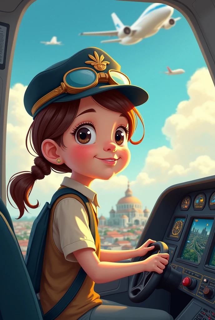 Cute drawing of a 5--old l pilot flying a commercial plane around the world