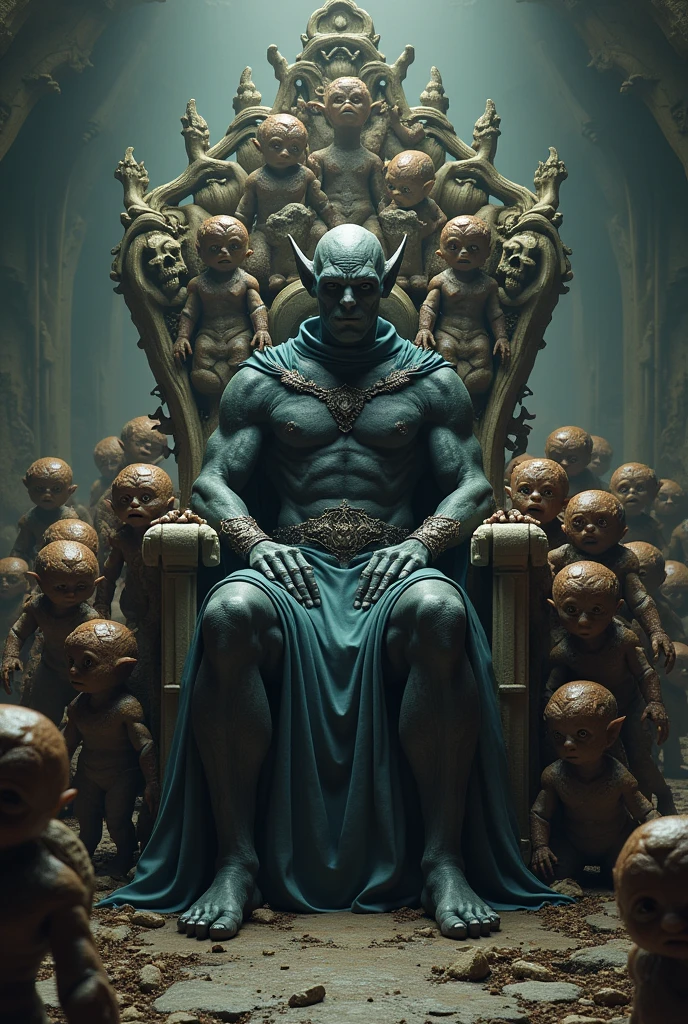 A vulcan full of goblins with a throne mabeout of bones on the top
