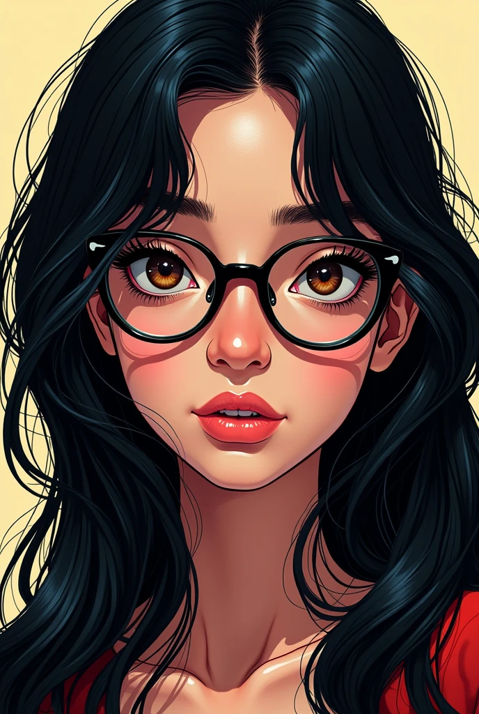 17 year old teenage female, light brunette, dark brown eyes with round glasses, long black hair, comic book style