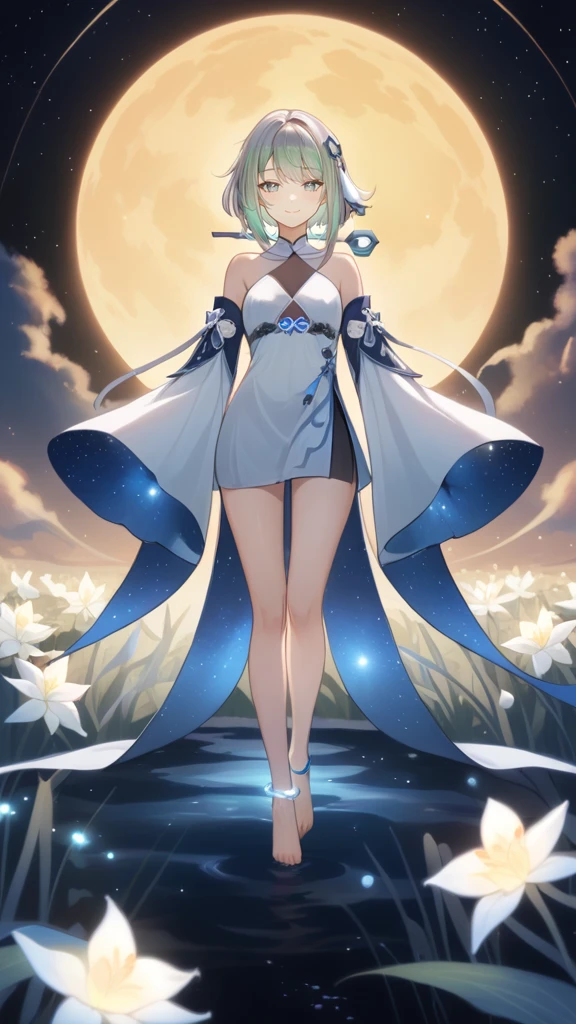1girl, guizhong_\(genshin_impact\),light grey hair,short_hair_with_long_locks,starry_sky_print,detached_sleeves, long sleeves_past_fingers,hanfu,illustrated by matsuryuu and agahari and dsmile,pale blue eyes,stunning field of softly glowing blue and white glaze lilies,night scene,gentle smile,moonlight,glossy lips,vivid anime coloring,cel shading,smooth, soft dreamy focus,anklet,halter_top,white clothes,highly detailed,digital painting,field of flowers,bare_shoulders,wlop,barefoot,cool night tones, magical night scene,masterpiece, best quality, film, professional, 4k, highly detailed,Guardian nebula of rainbow light and silvery vapor,starry,cosmic,goddess,rich color,oil painting,walking on water,glowing ripples,starry reflection 