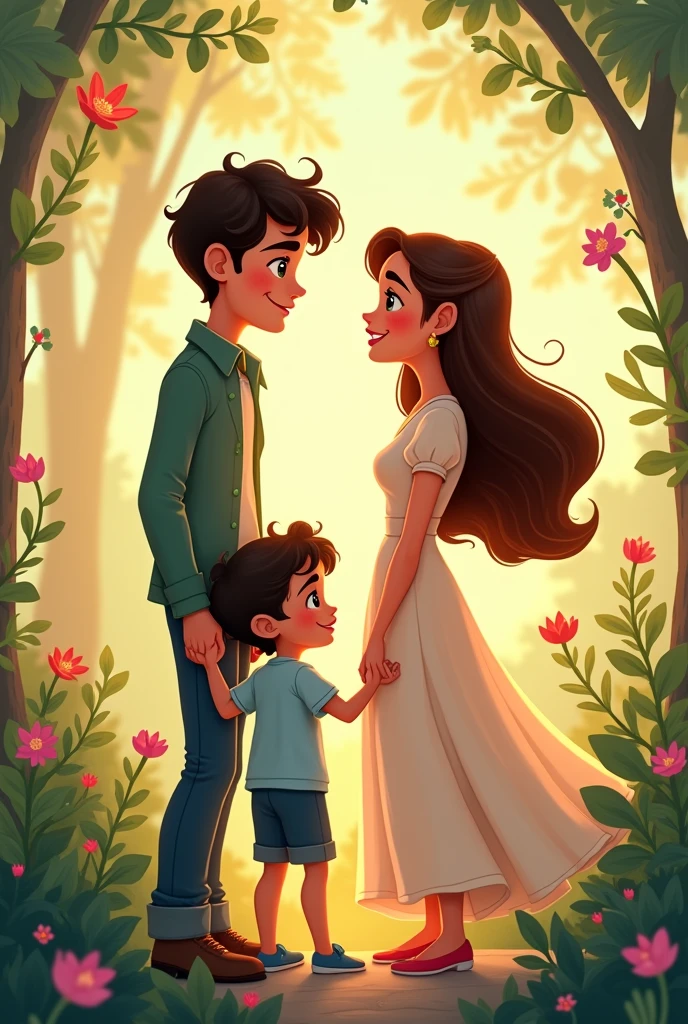 Make a picture of a couple. Being the 1 year old boy,80 with green eyes and having dark curly hair, your hair is short. He tended 1,58 tall and brunette with brown eyes and her hair is long. Make a drawing in the shape of Disney animated drawings, em 2d