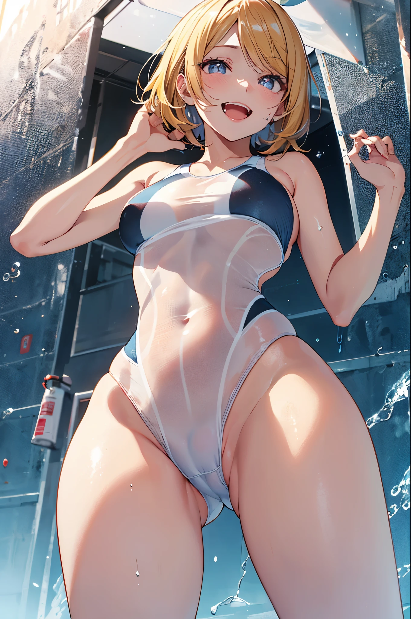 Vocaloid,Kagamine Rin, short hair,yellow hair, number tattoo,(see through white competition swimsuit,see through:1.5),(chibi:1.2),navel,thighs, Sweating,smile,open mouth,jumping, masterpiece,Noise Reduction,perfect anatomy,high resolution, ultra-detailed, ultra-detailed face,game cg,dutch angle ,beautiful detailed eyes,visualart,five fingers, perfect hands, perfect lighting, sparkling pupils,