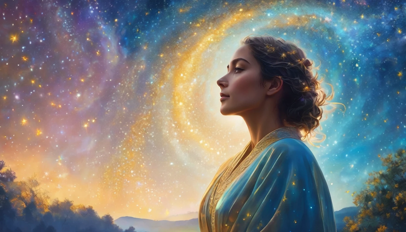 Person from the waist up, close-up, starry night scenery, garden in the background, golden and sky blue tones, glowing aura, pastel colors, spiritual, meditative, divine, sacred, inner peace, cosmic connection, photo, illustration, 3d render