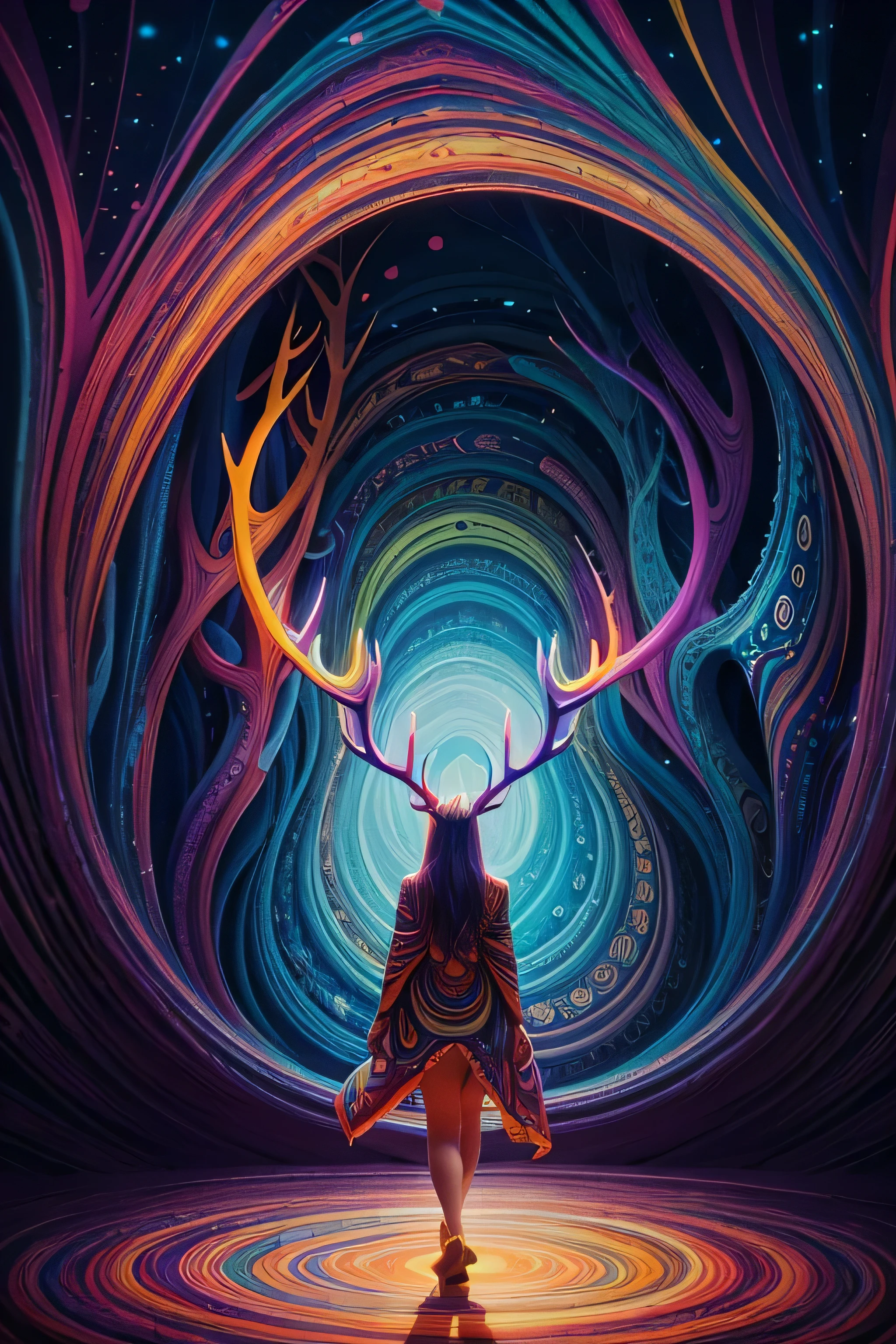 (Psychedelic painting of beautiful woman standing in front of colorful whirlpools), ((Multi-sewn large antlers, stag, Big head)), Light and shadow, Waves, Multi-layered, foreground, Distant view, fractal thunder dan mumford, Dan Mount Ford and Alex Gray style, psychedelic surreal art, surreal psychedelic design, Fantasy art style, Illusion psychedelic art, Infinite psychedelic waves, Inspired by Cyril Rolando, True corrugated structure, Psychedelic art style, trippy art, psychedelic illustrations,Bio-luminescence, vibrant, Colourful, Color, (Glowing, Glow), (Beautiful composition), Cinematic lighting, Intricate, (Symmetrical:0.5), Whimsical,