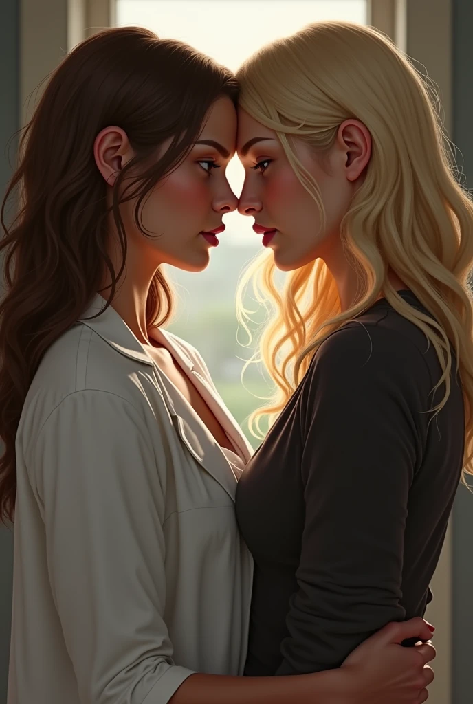 A drawing inspired by The Secret of Us, a lesbian drama., where one of the characters has brown hair and is a doctor, the other has blond hair and is an actress. Realistic Menis