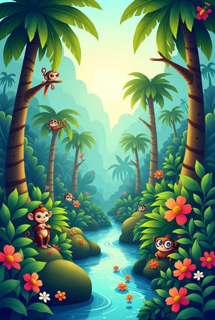 a picture of a jungle drawn for children, in 4k resolution
