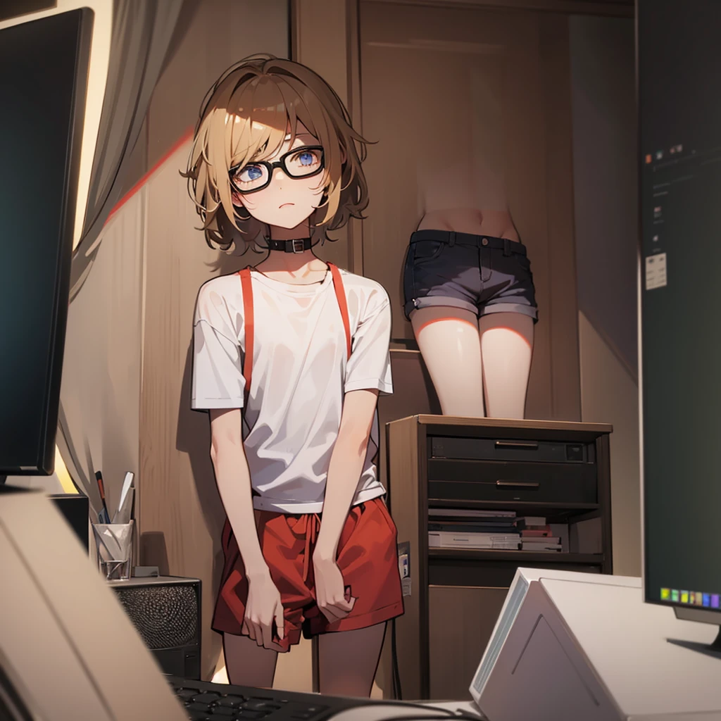 Effeminate man in front of a computer. A shirt and shorts