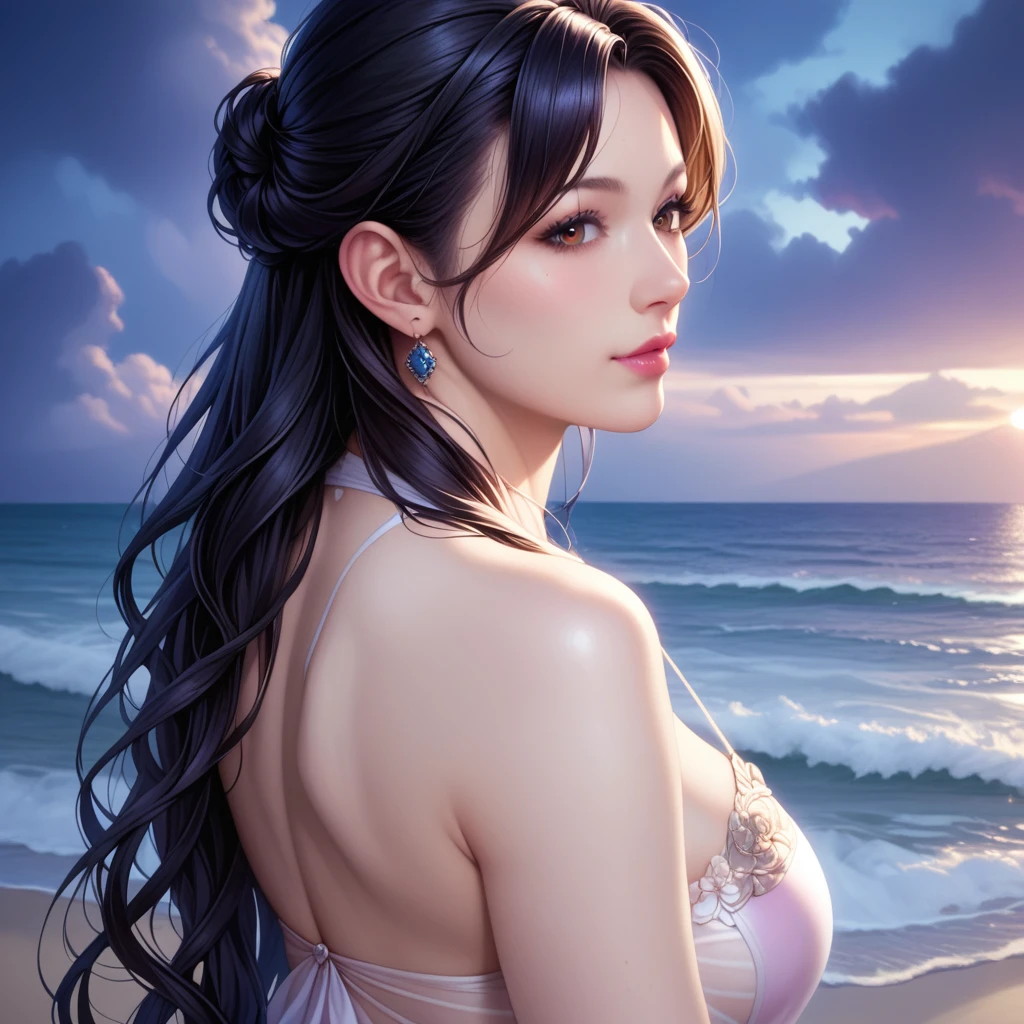 score_9, score_8_superior, score_7_superior, High resolution 3D anime style,A masterpiece in 32K resolution,Highest quality,it is really amazing,Very detailed,Ultra-high resolution,Ultra-realistic,Realistic,Increased depth of field,Cinematic lighting,
(Elegant mature Japanese woman:1.2),
(Straight long hair with black hair:1.1),(Ultra-detailed and beautiful face:1.1),(Calm and gentle look:1.1),Beautiful brown eyes,Translucent white skin,Realistic skin texture,Great proportions,
Elegant swimwear,
Summery design,Chic color scheme,Beautiful and delicate decoration,Detailed fabric texture,
Overcast night sky,(Dark Clouds:1),(Thundercloud:1),Coastline at night,Stormy seas,(delay々A desolate sandy beach that continues:1),
dramatic,(Beautiful back view:1.2),