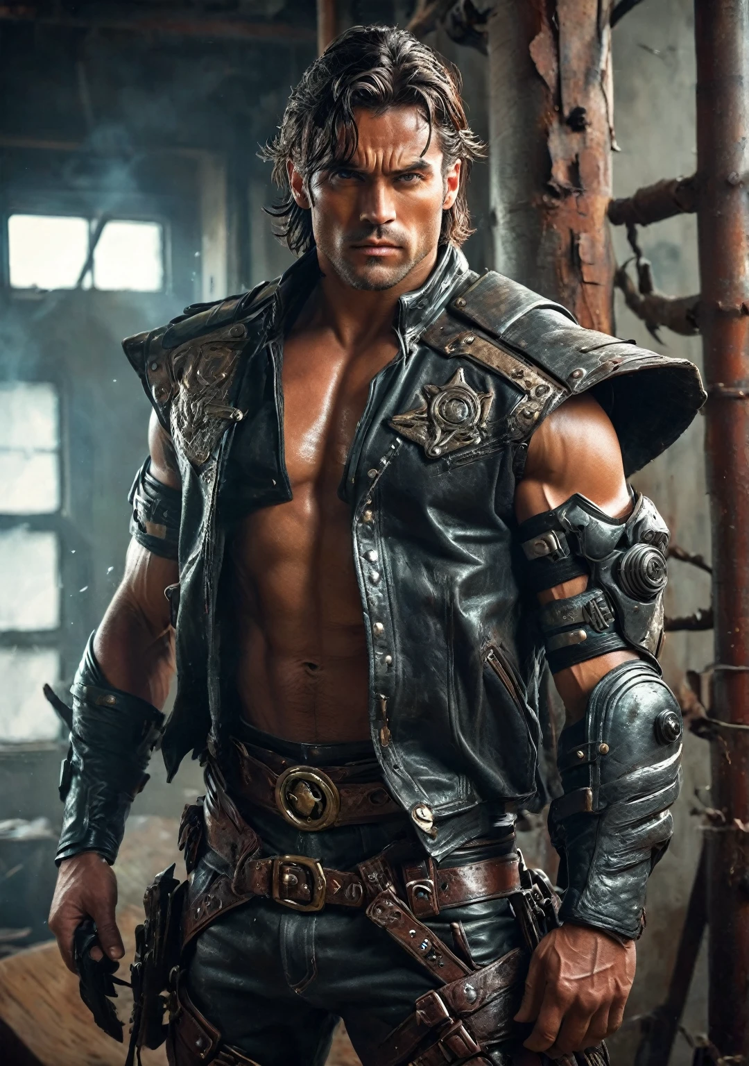 realist:1.3,( fotorrealist, 8k, RAW Photos, Premium quality, masterpiece, epic lighting. close up, Centered image), (complete plan:1.4),((1 handsome and muscular man, post-apocalyptic, guerrero, Perfectly detailed face and body, (cowgirl pose), for the cover of Heavy Metal magazine, dynamic pose, beautiful and detailed hair, Leather Clothes))