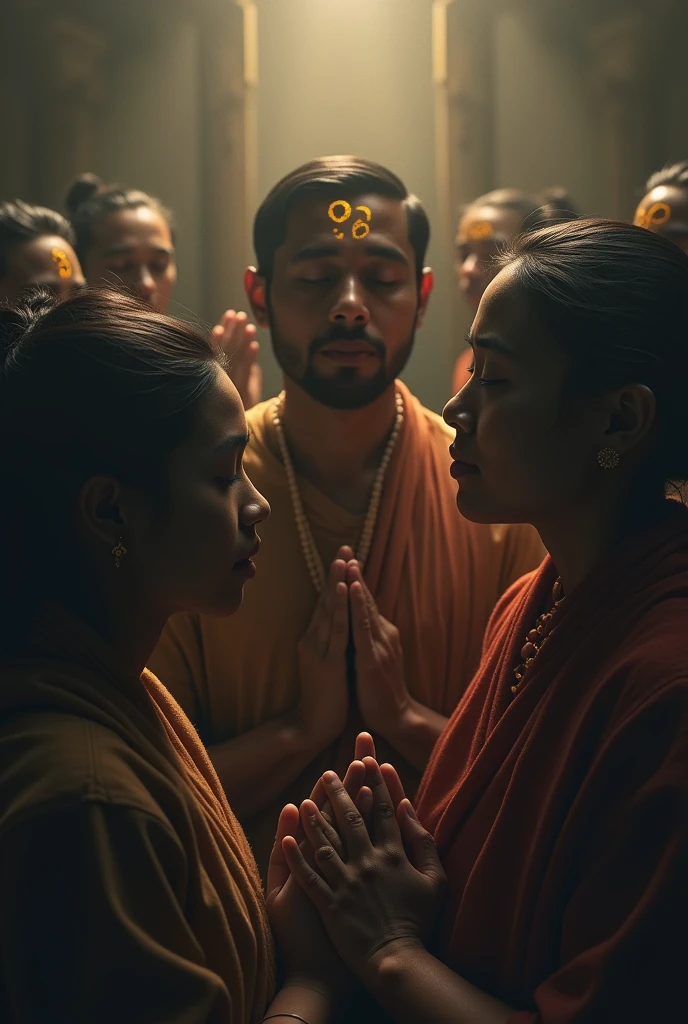 symbol of sound and people praying the ogo on the forehead