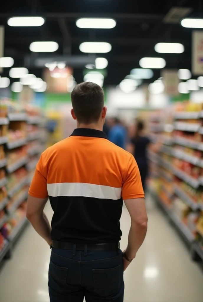 a man in the back with an orange, black and white polo shirt in a supermarket uniform with a blurred background