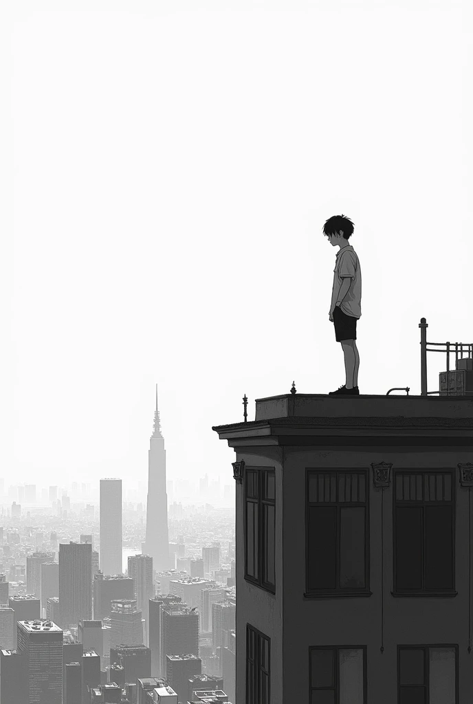 Un étudiant coréen sur le toit d'un immeuble qui regarde le vide dessin en noir et blanc