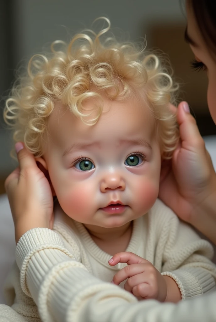 Raising a Japanese baby with very curly hair, almost curly and blond and green eyes, art style photography