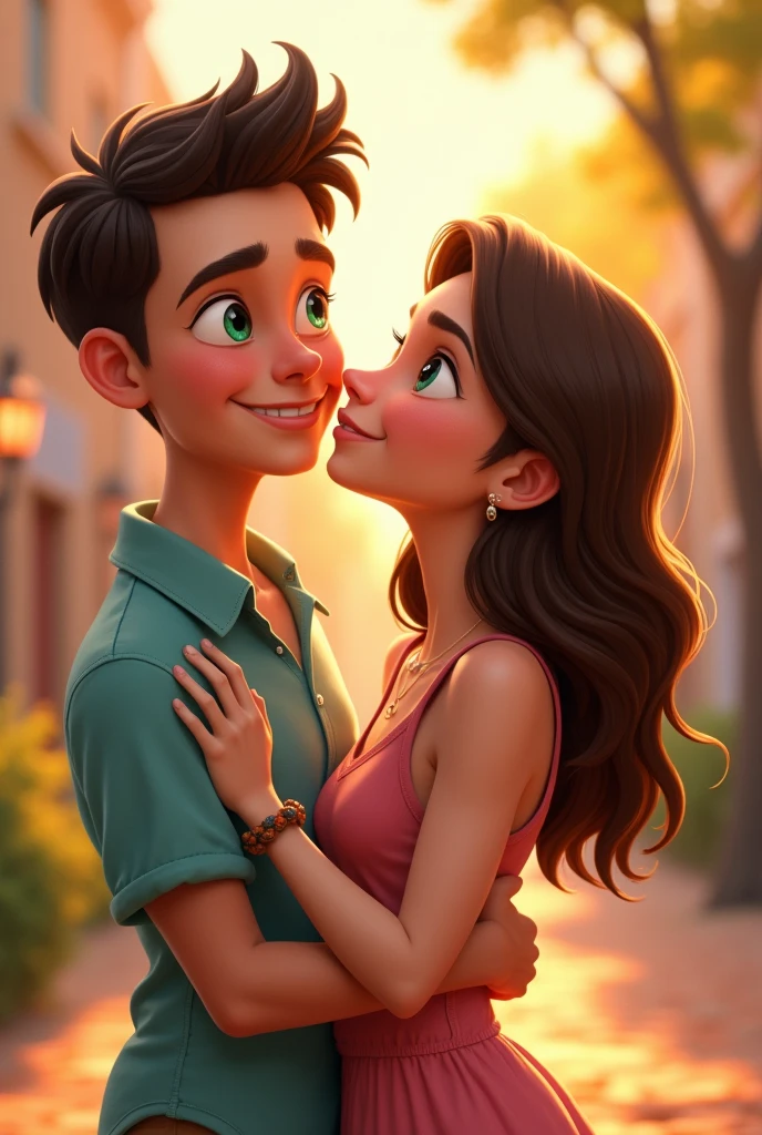 Make a picture of a couple. Being the 1 year old boy,80 with green eyes and having dark curly hair, your hair is short. And having 1,58 tall and brunette with brown eyes and her hair is long. Make a drawing in the shape of Disney PIXAR animation drawings , em 2d