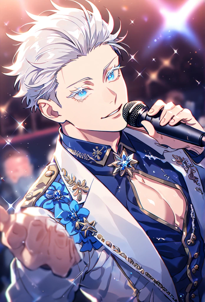 Ultra detailed, HDR, Highres, absurdres, masterpiece, solo focus, Gojou Satoru, white hair with bangs, slicked back hair, white eyelashes, colored eyelashes, expressive blue eyes, idol clothing, mic, Jujutsu Kaisen, sexy man, handsome, stage, concert, handsome, sensual, best quality, glittering, solo, manly man
