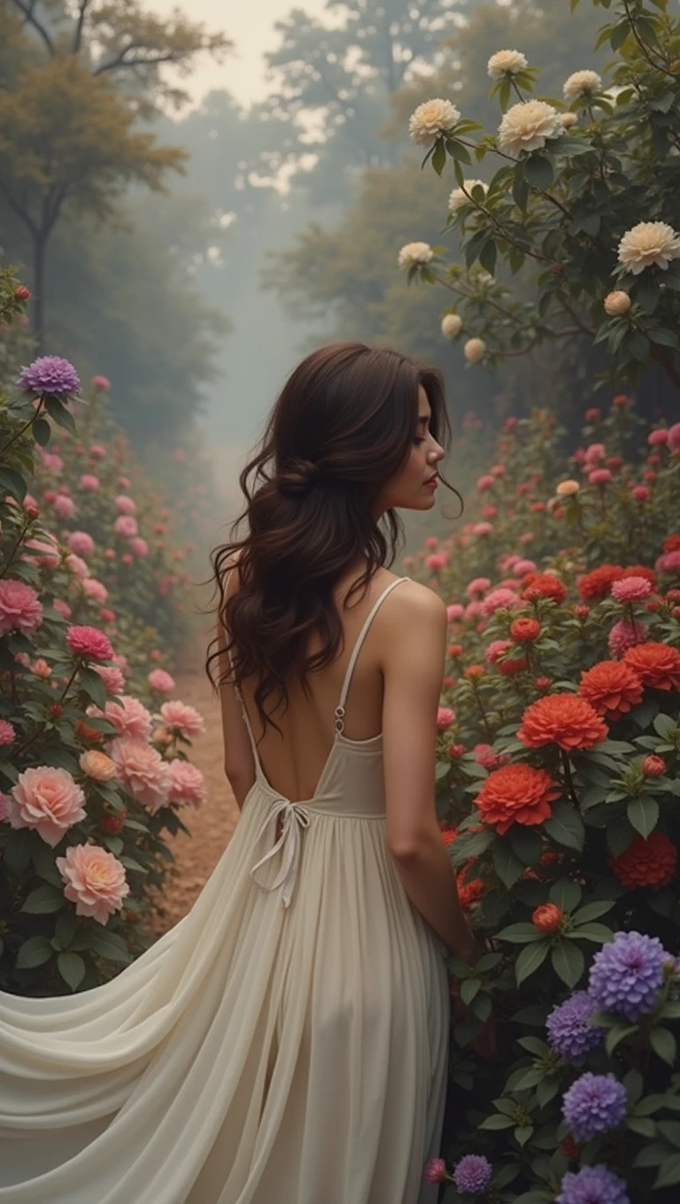 Imagine a stunning woman standing in a garden filled with a riot of colorful blooms. Paint her face with a serene expression as she takes in the beauty of her surroundings.
