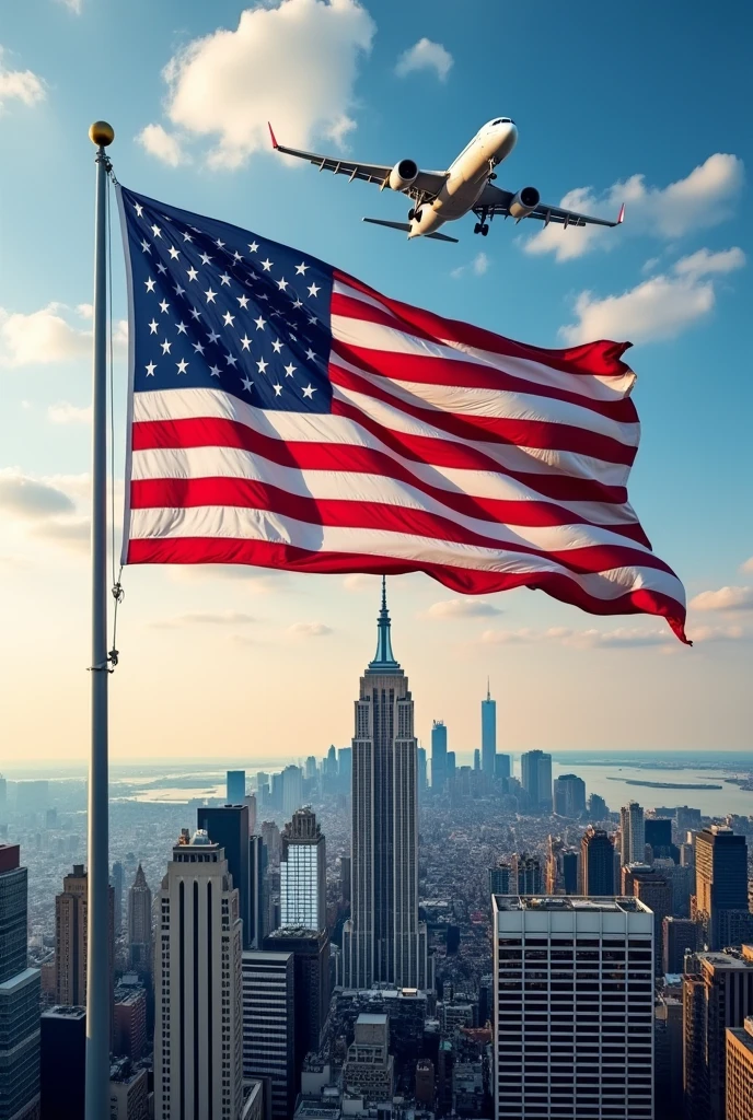 Create an image with a New York background and the United States flag with a plane and that says Visa Advisor and says advisor Jonathan Guerrero