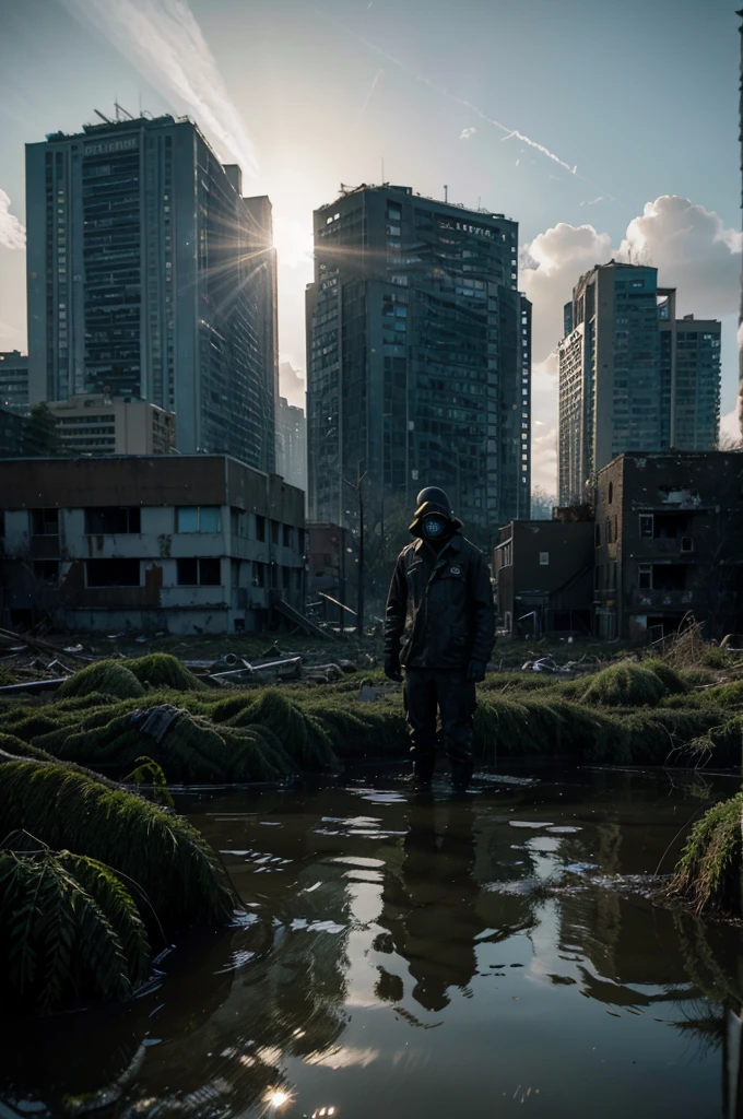A partially submerged urban landscape in a post-nuclear world, where nature has begun to reclaim the area in twisted and grotesque forms. The scene shows warped trees, mutated vegetation, and grotesque animals taking over the ruins of a decayed city. In the foreground, a lone figure stands ready, wearing a gas mask and holding an improvised weapon, prepared to face the dangers of this distorted new world. The atmosphere is eerie and unsettling, with dark shadows and a sense of decay and mutation pervasive throughout the environment, cinematic lighting, chiaroscuro, depth of field, god rays, reflection light, chromatic aberration, masterpiece, masterpiece, UHD, high details, high quality, best quality, highres, 8k