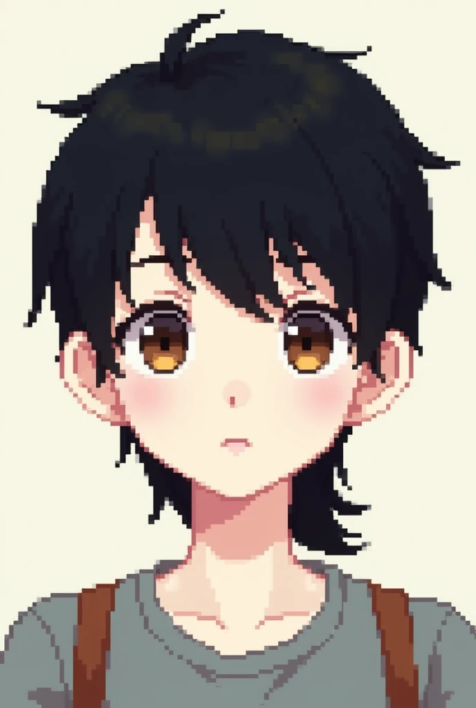 Pixel art, black short mullet cut style hair, brown eyes, white skin.