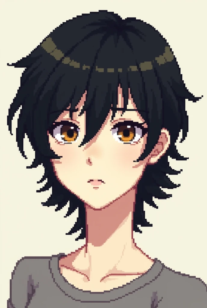 Pixel art, black short mullet cut style hair, brown eyes, white skin.