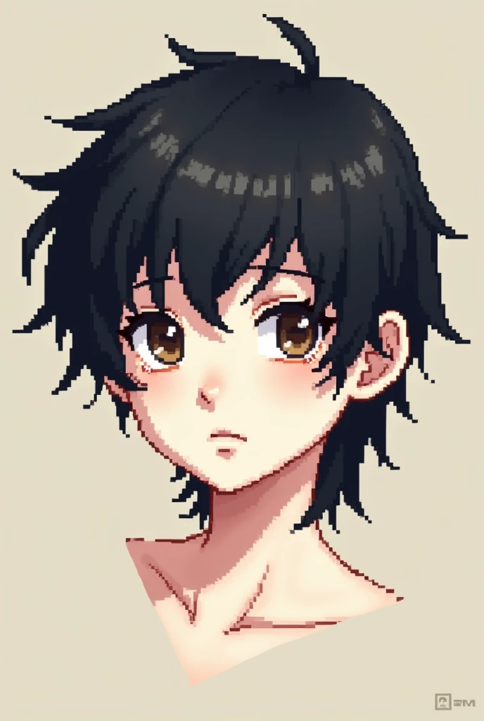 Pixel art, black short mullet cut style hair, brown eyes, white skin.