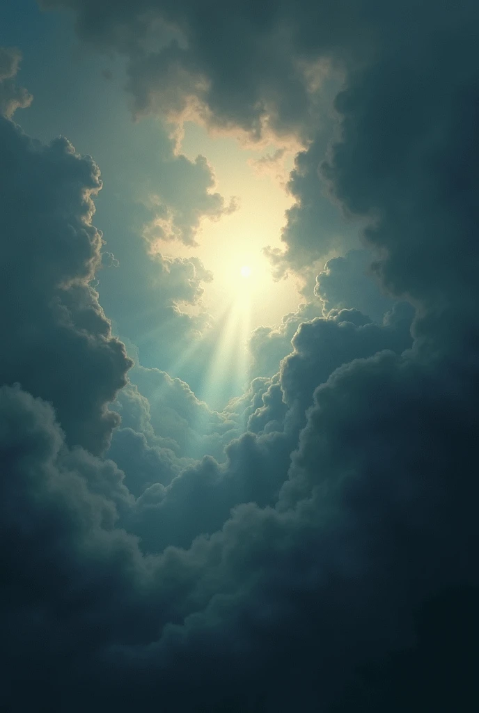 Envision a vast, dark sky filled with swirling storm clouds, their tumultuous gray and black masses dominating the scene. Amidst the chaos, a single, small opening in the clouds reveals a sliver of the deep blue sky beyond. Through this break, a ray of sunlight pierces the darkness, creating a radiant shaft of light that cuts through the storm. As the light continues to shine through, the edges of the clouds begin to soften and dissipate, revealing hints of a brilliant, clear sky emerging behind. The contrast between the stormy turmoil and the emerging calm symbolizes the promise of hope and renewal, suggesting that even in the darkest times, light and clarity will eventually prevail.