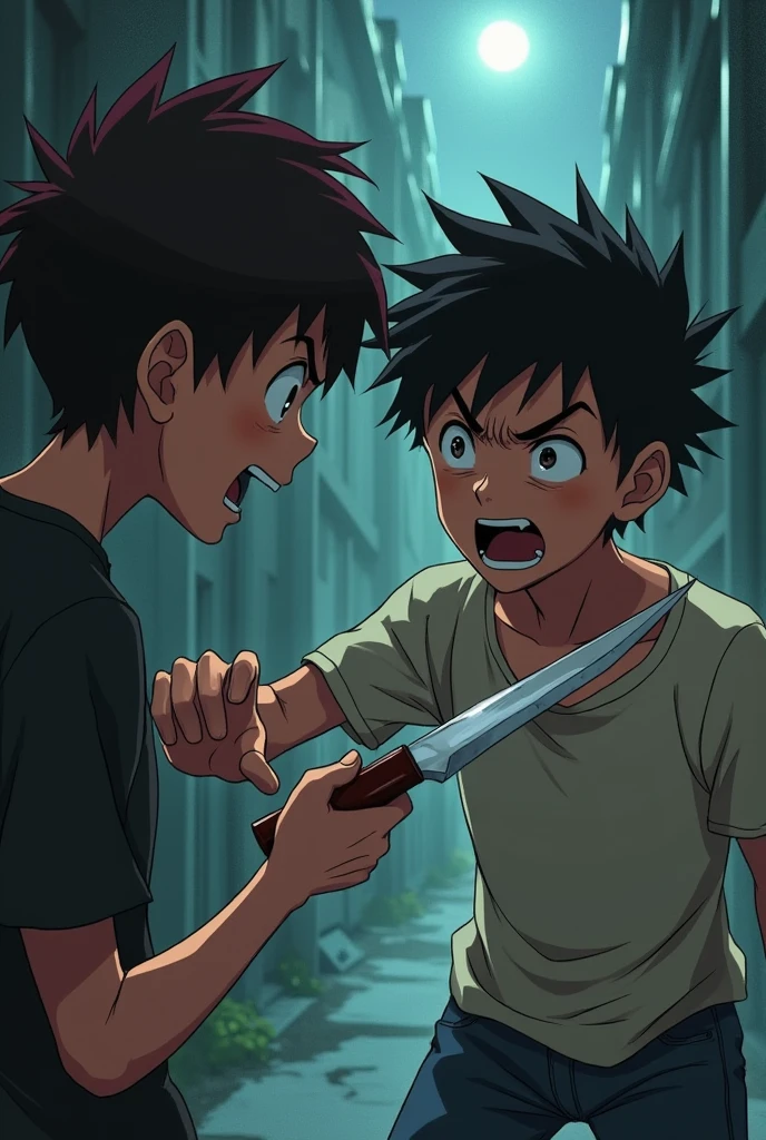 Anime boy pointing a knife at another