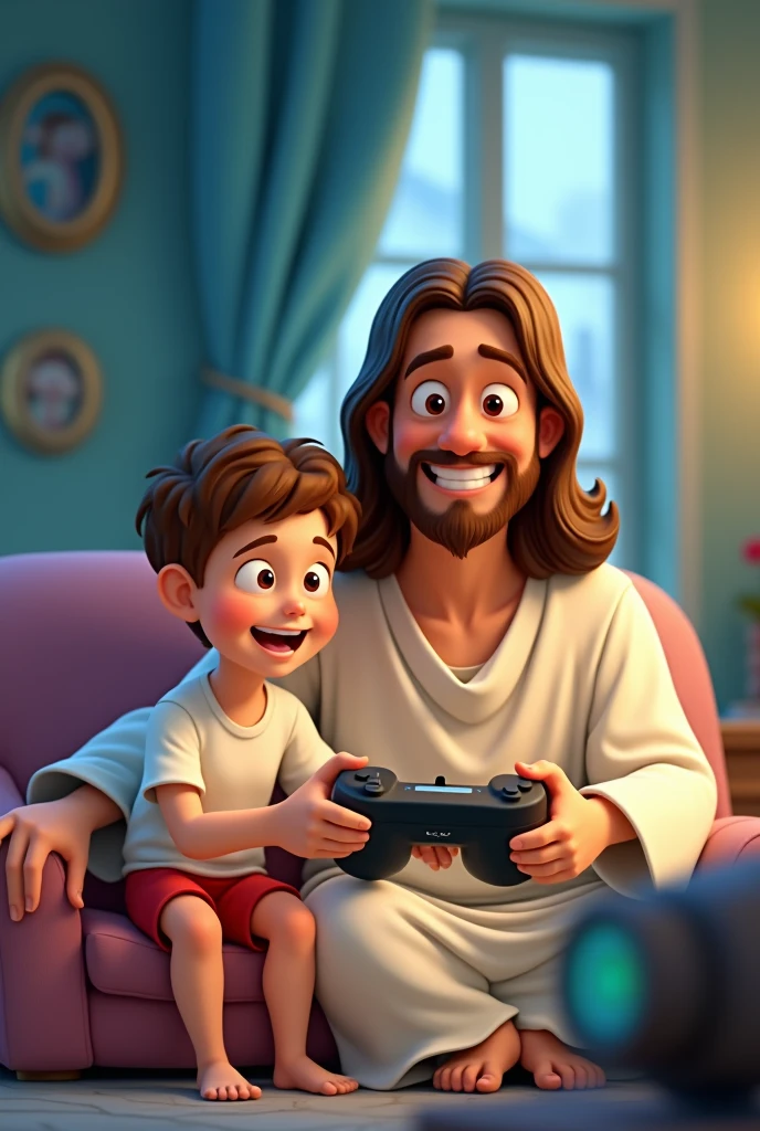 8 , short light brown hair, brown eyes with white shirt and red shorts. Sitting next to Jesus Christ and both playing PlayStation smiling, Disney cartoon style animation