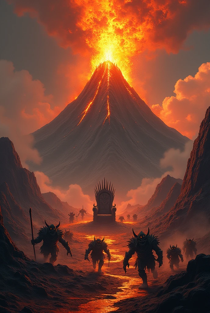 An erupting vulcan with a goblin army with a throne mabeout of bones on the top
