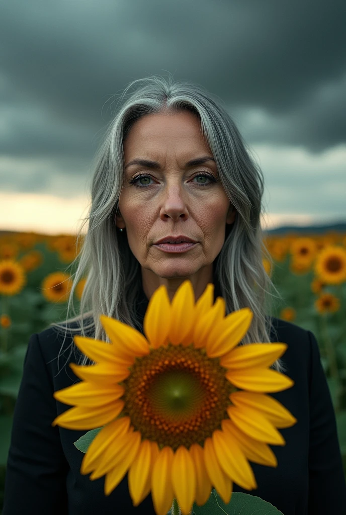 Portrait of a female with Hungarian ethnicities, 35 years old, square face shape, green eye color, gray hair color, Blooming sunflower against stormy sky backgrounds, straight hair style, heavy makeup, like as an actress Helene Bergsholm[0.15]. Please ensure the image has a professional photography look, with attention to composition, lighting, and detail.