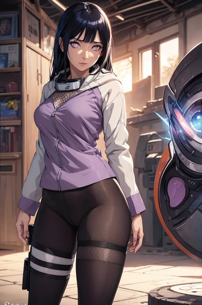 from behind, Loba(Hinata Hyūga), Charcoal yoga colored pants, Silver colored shirt, portrait , looking at viewer , solo, Large breasts, thick thighs, curvy hips, big buttocks  