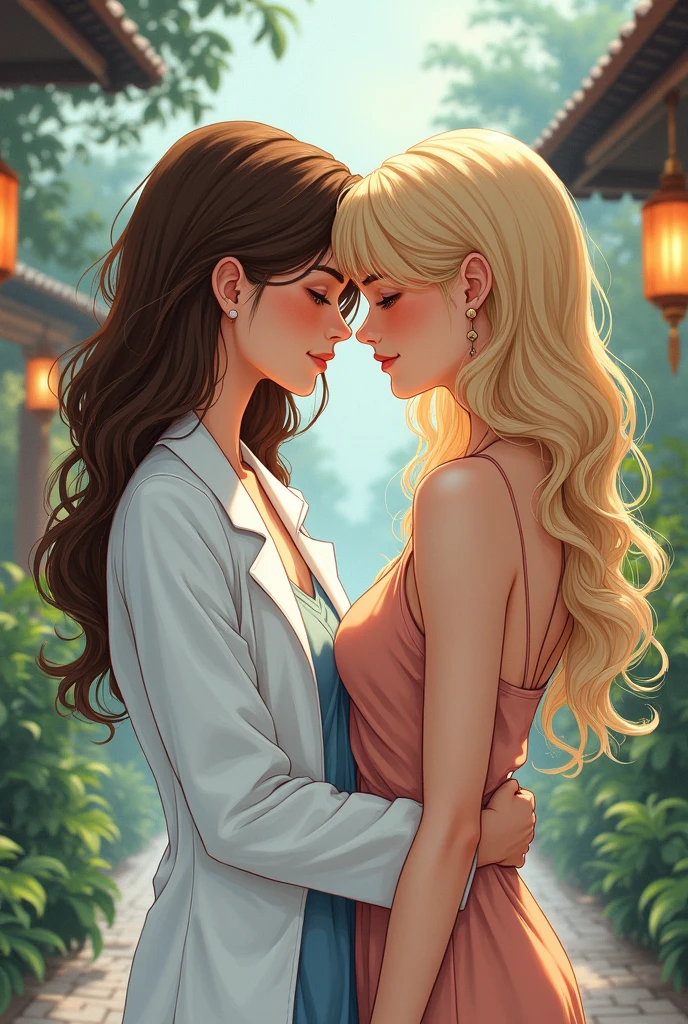 A drawing inspired by The Secret of Us, a lesbian drama., where one of the characters has brown hair and is a doctor, the other has blond hair and is an actress.  manhwa style . They are Thai