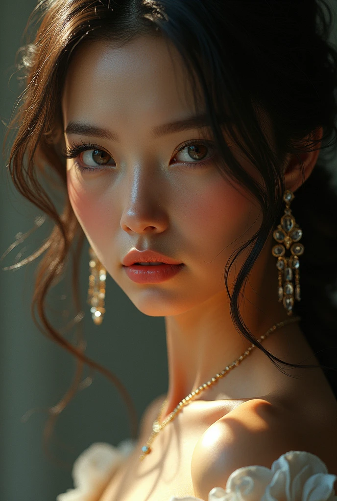 a detailed portrait of a beautiful young woman, gorgeous detailed eyes, beautiful detailed lips, extremely detailed face and skin, long eyelashes, porcelain skin, flowing hair, elegant dress, ornate jewelry, dramatic lighting, cinematic composition, photorealistic, hyper detailed, 8k, award winning digital art