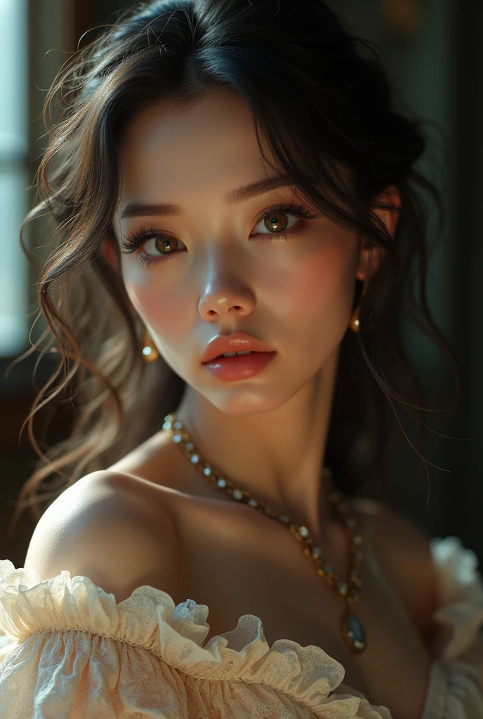 a detailed portrait of a beautiful young woman, gorgeous detailed eyes, beautiful detailed lips, extremely detailed face and skin, long eyelashes, porcelain skin, flowing hair, elegant dress, ornate jewelry, dramatic lighting, cinematic composition, photorealistic, hyper detailed, 8k, award winning digital art