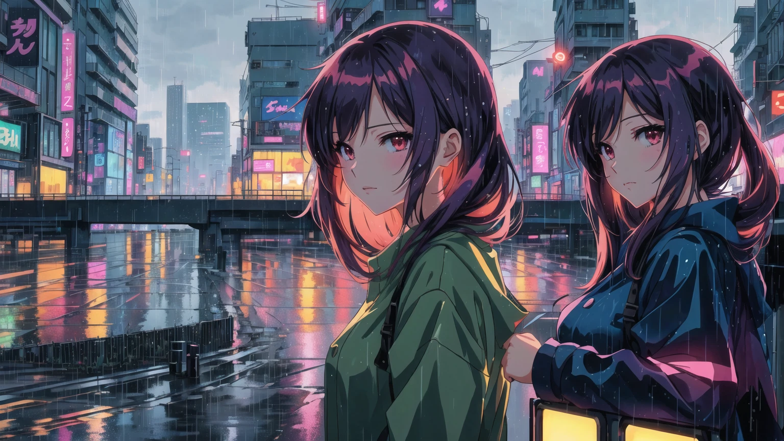 a single anime girl standing in the rain with a big city with cars in the background, anime styling 4 k, anime styling. 8k, lofi girl, anime vibes, Anime digital illustration, anime wallpaper 4k, 4k anime art wallpaper, 4K anime art wallpaper, lofi art style, anime wallpaper 4k, anime wallpaper 4k, lofi portoRait