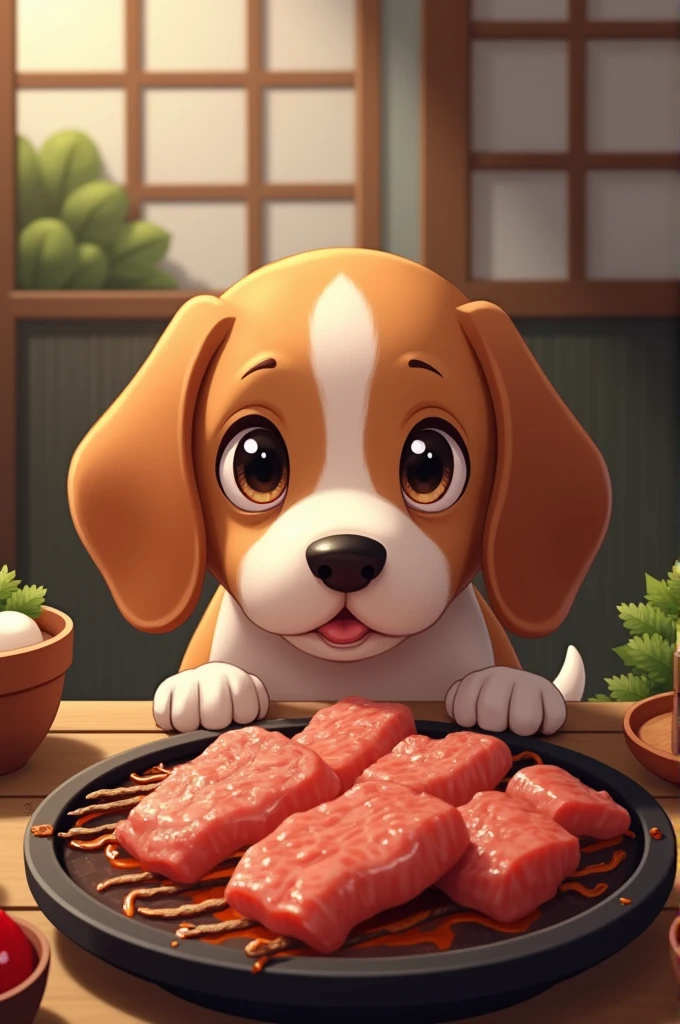 Beagle dog、Eating yakiniku。